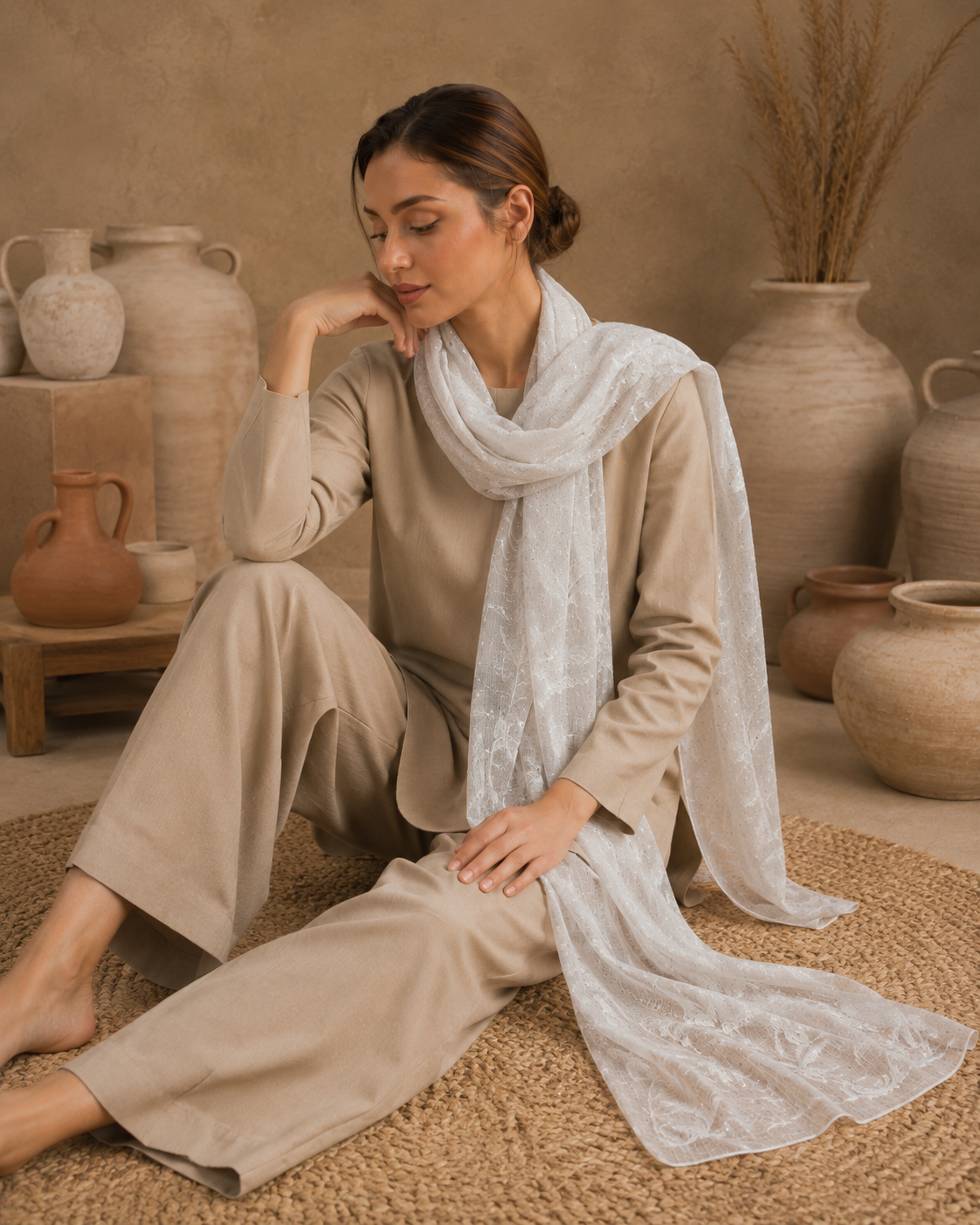 Embroidered Broshia Slub Chiffon 1-Piece Scarf
