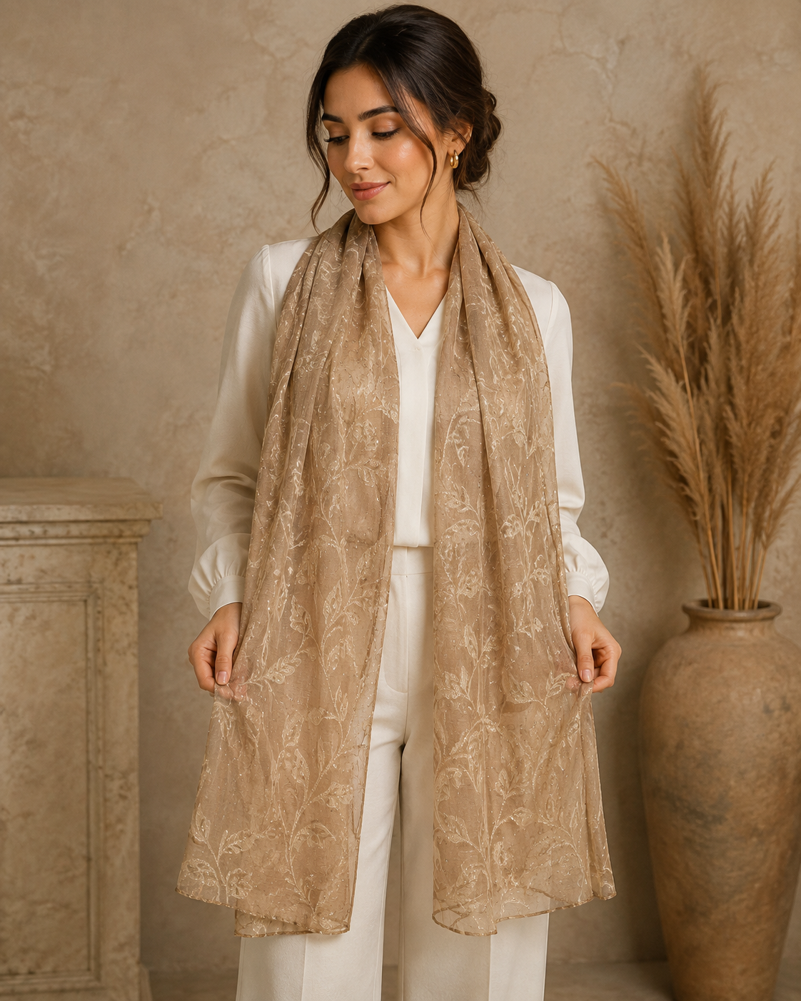 Embroidered Broshia Slub Chiffon 1-Piece Scarf