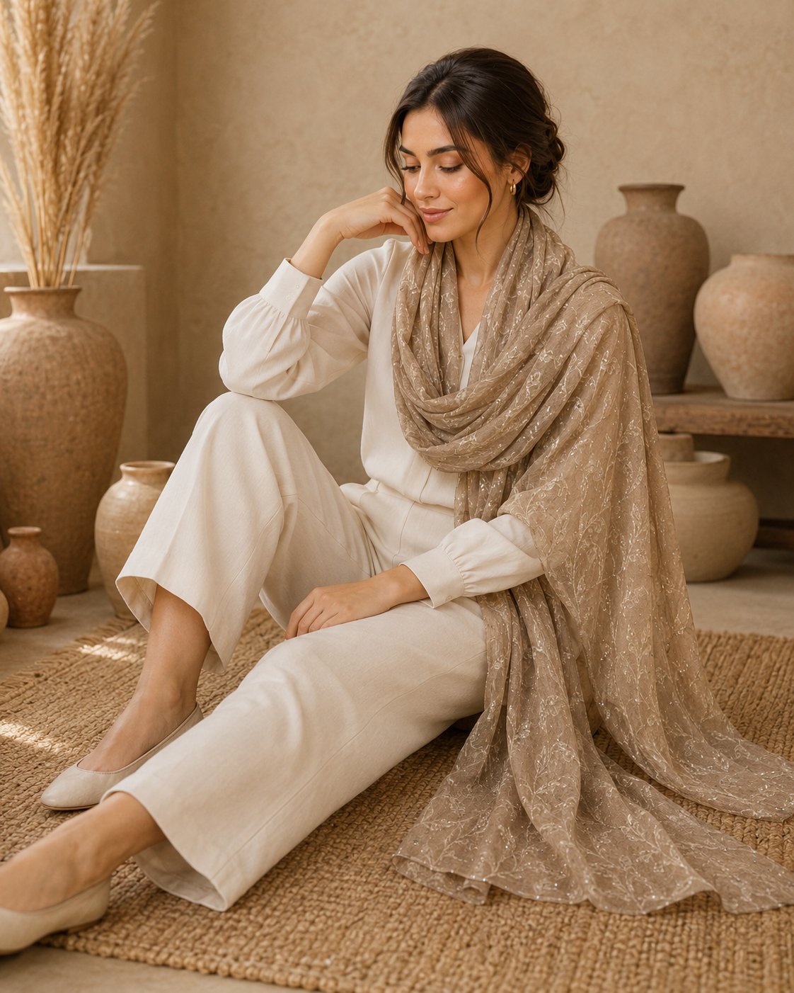 Embroidered Broshia Slub Chiffon 1-Piece Scarf