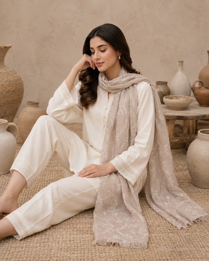 Embroidered Broshia Slub Chiffon 1-Piece Scarf