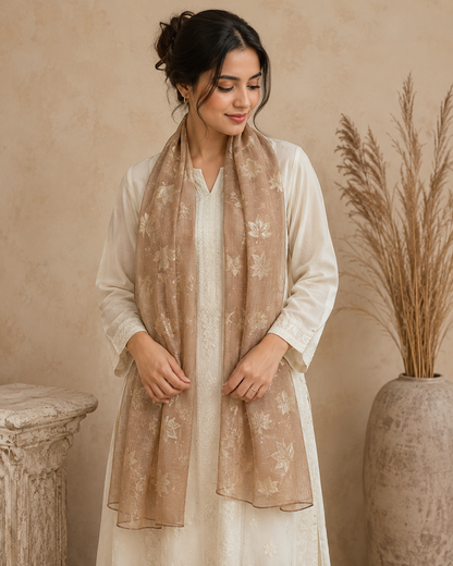 Embroidered Broshia Slub Chiffon 1-Piece Scarf