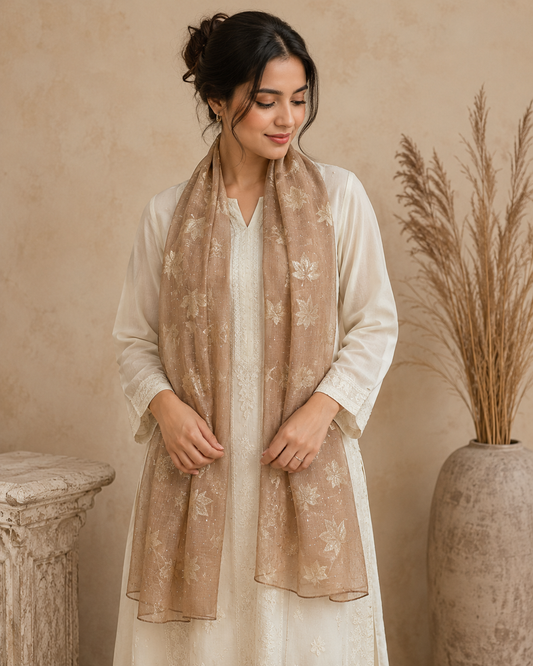 Embroidered Broshia Slub Chiffon 1-Piece Scarf