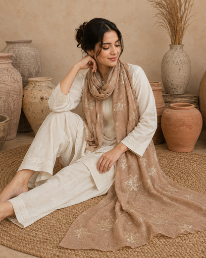 Embroidered Broshia Slub Chiffon 1-Piece Scarf