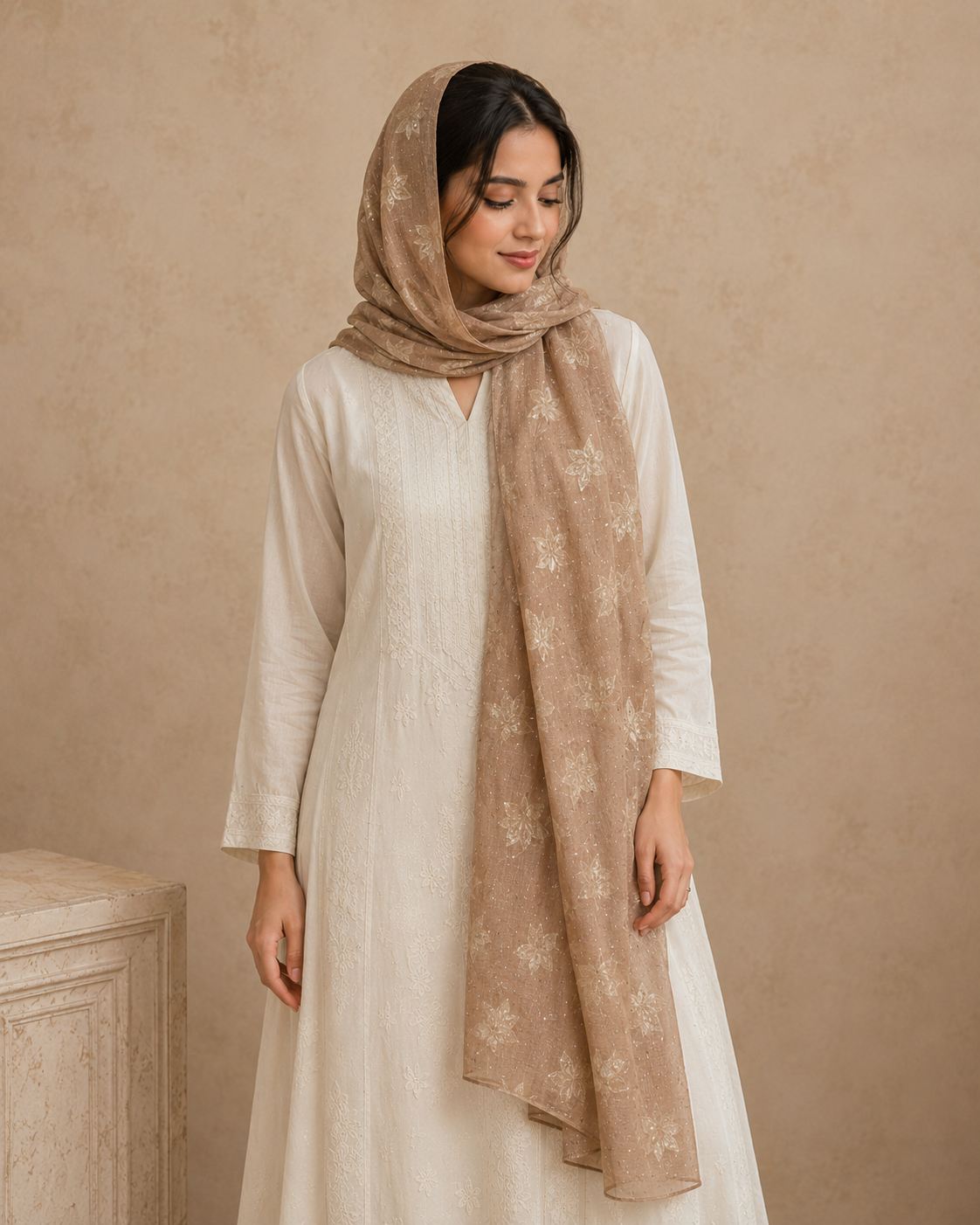 Embroidered Broshia Slub Chiffon 1-Piece Scarf