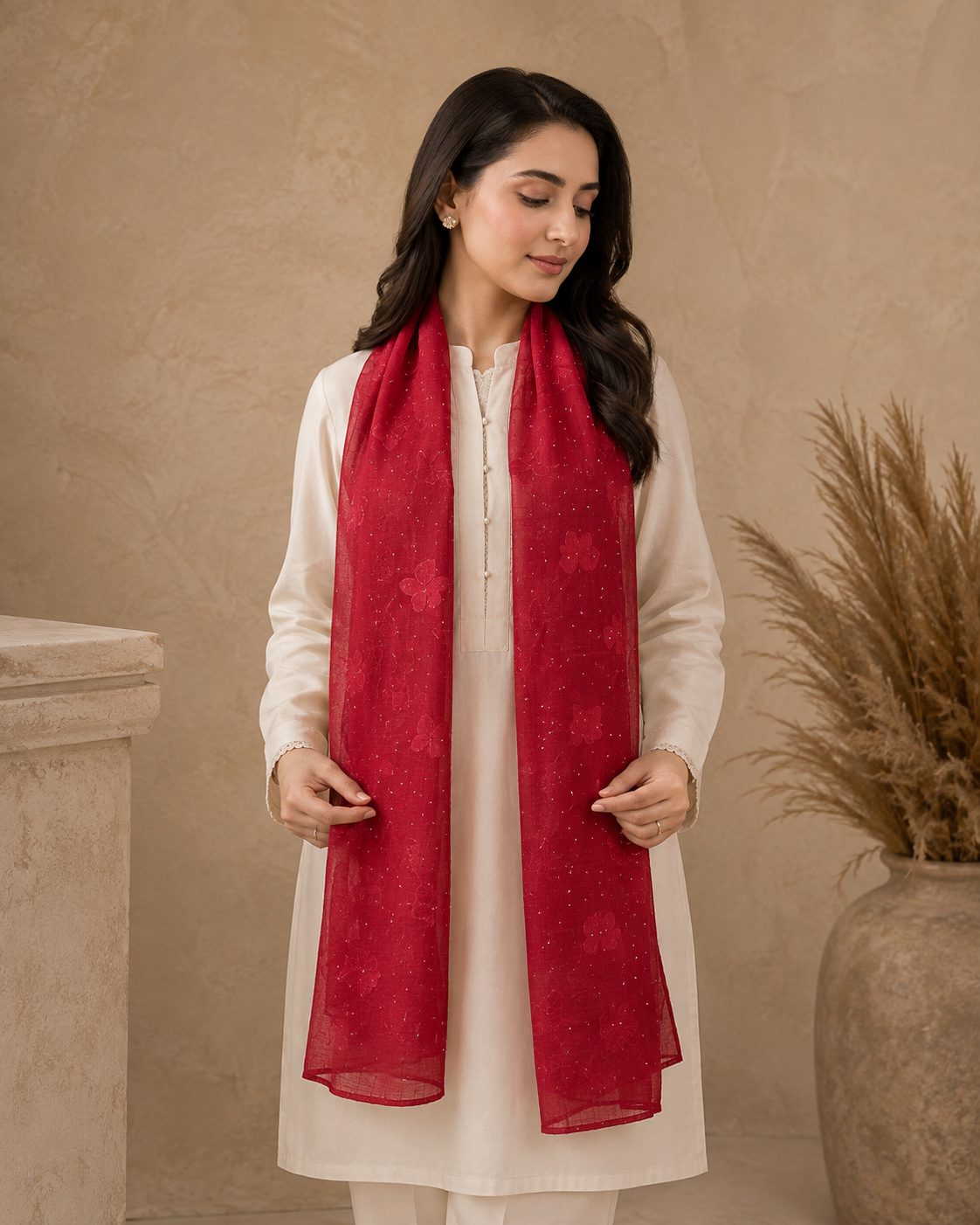 Embroidered Broshia Slub Chiffon 1-Piece Scarf