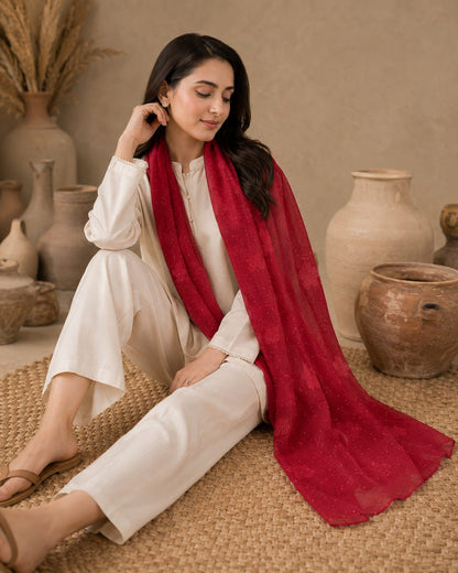 Embroidered Broshia Slub Chiffon 1-Piece Scarf