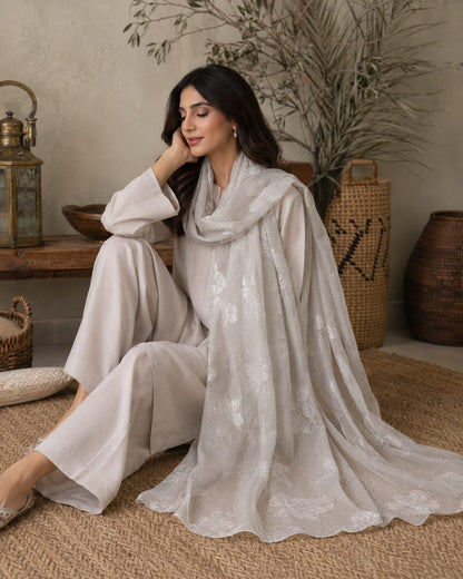 Embroidered Broshia Slub Chiffon 1-Piece Scarf