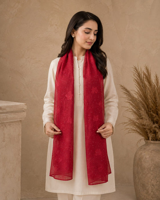 Embroidered Broshia Slub Chiffon 1-Piece Scarf