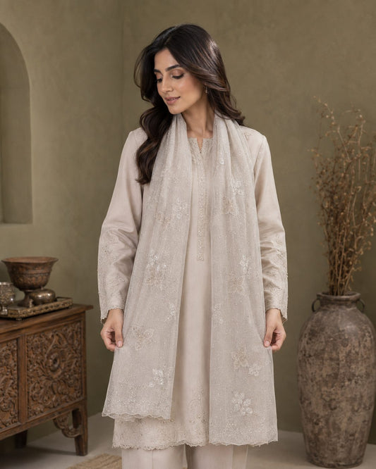 Embroidered Broshia Slub Chiffon 1-Piece Scarf
