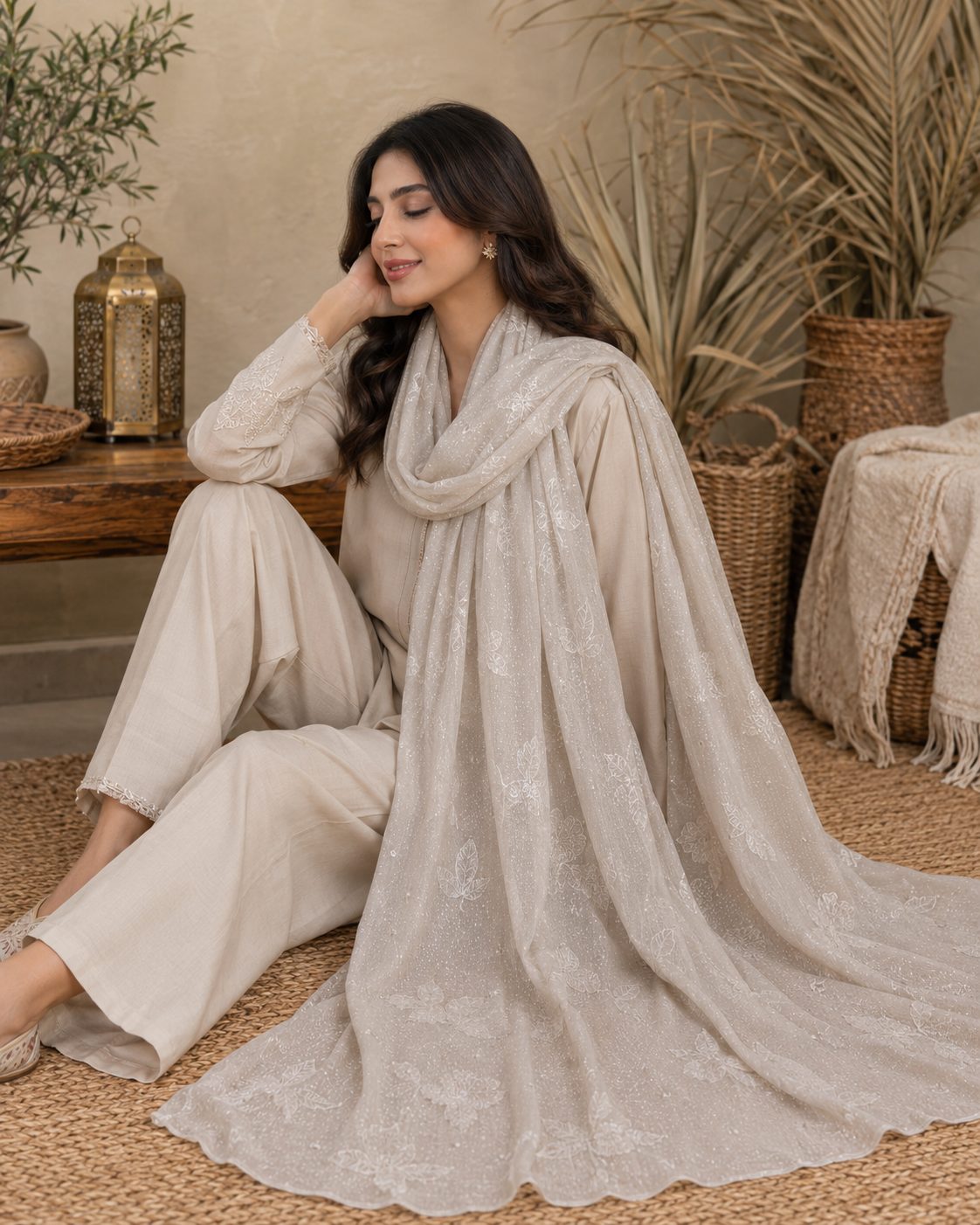 Embroidered Broshia Slub Chiffon 1-Piece Scarf