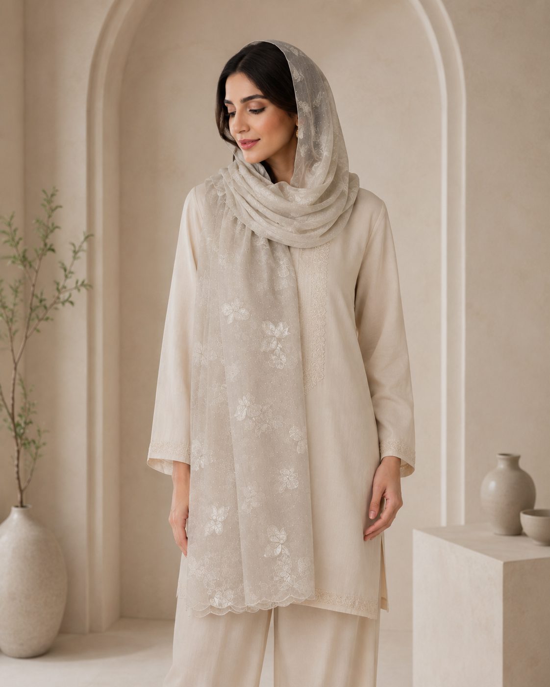 Embroidered Broshia Slub Chiffon 1-Piece Scarf