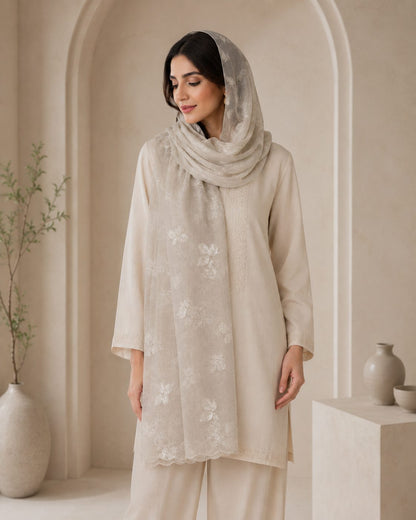 Embroidered Broshia Slub Chiffon 1-Piece Scarf