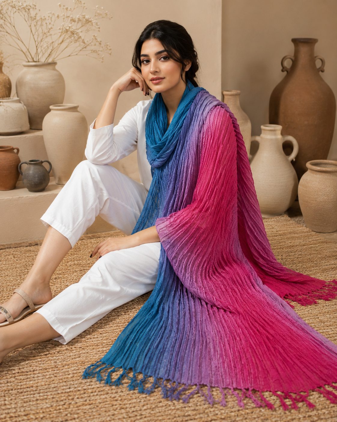 Crinkled Ombre 1 Piece Soft Wool Scarf
