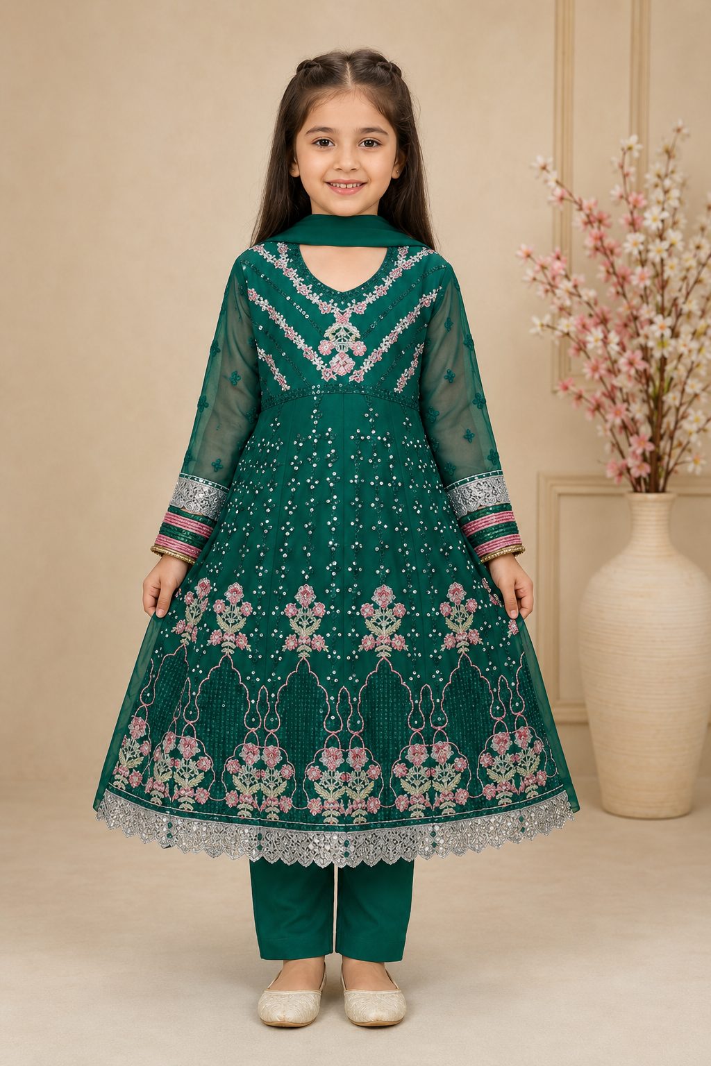 Emerald Blossom Girls Embroidered Chiffon Maxi