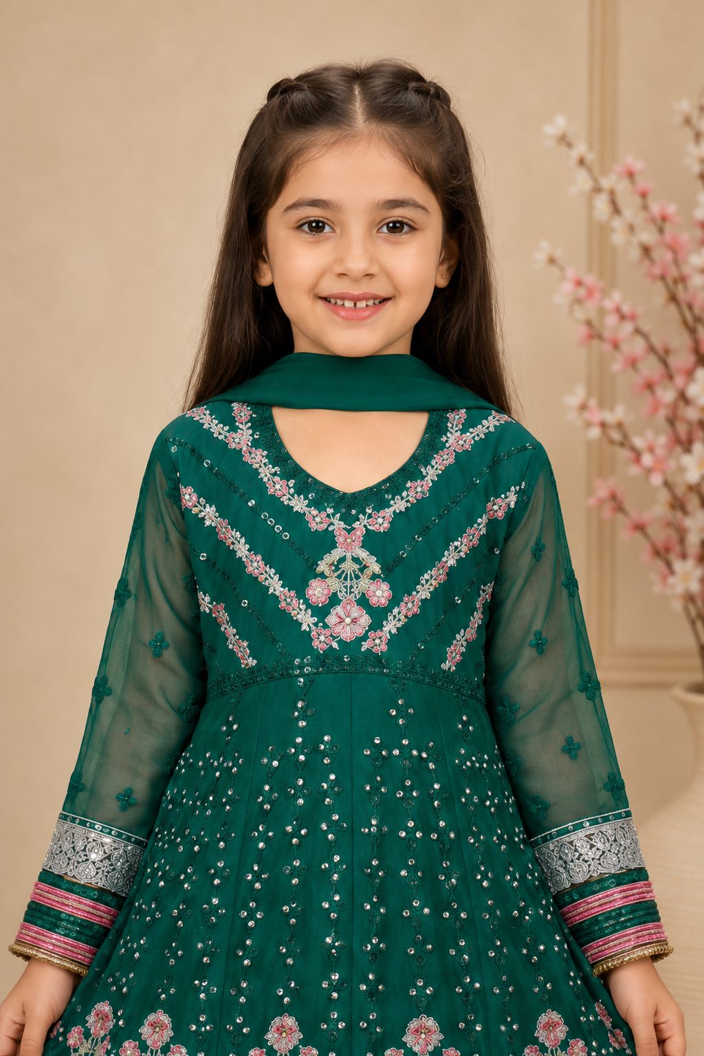 Emerald Blossom Girls Embroidered Chiffon Maxi