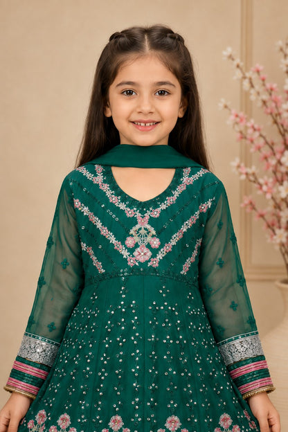 Emerald Blossom Girls Embroidered Chiffon Maxi