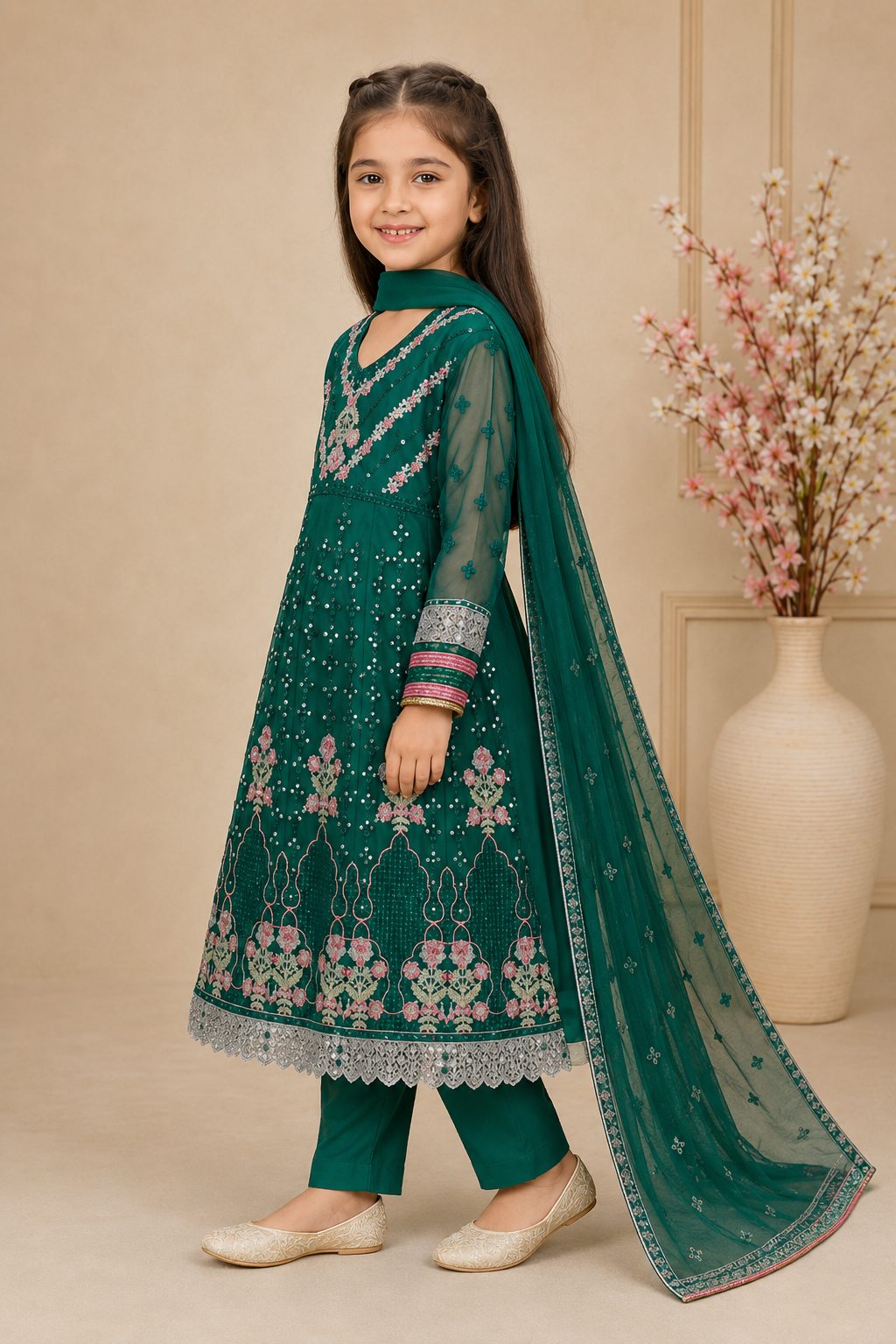 Emerald Blossom Girls Embroidered Chiffon Maxi