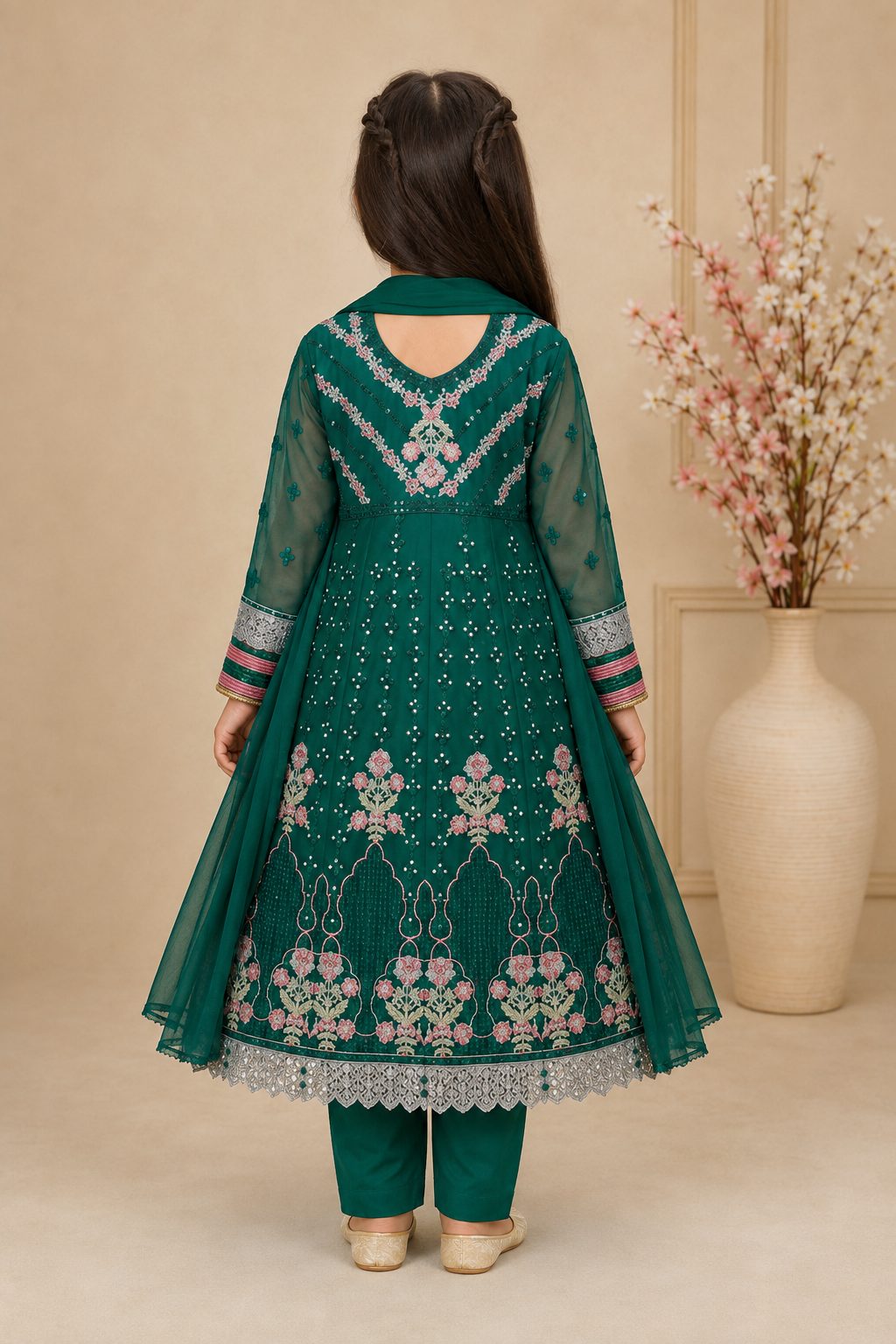 Emerald Blossom Girls Embroidered Chiffon Maxi