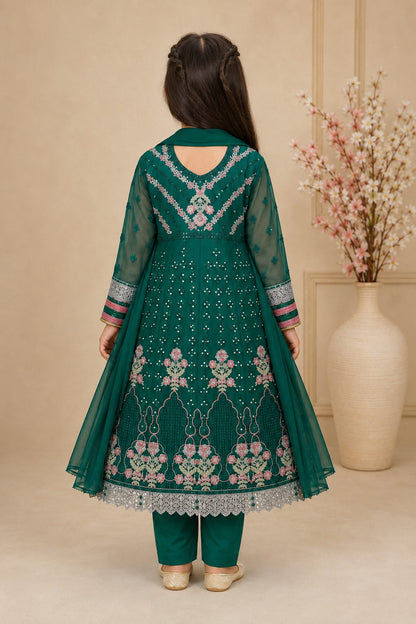 Emerald Blossom Girls Embroidered Chiffon Maxi
