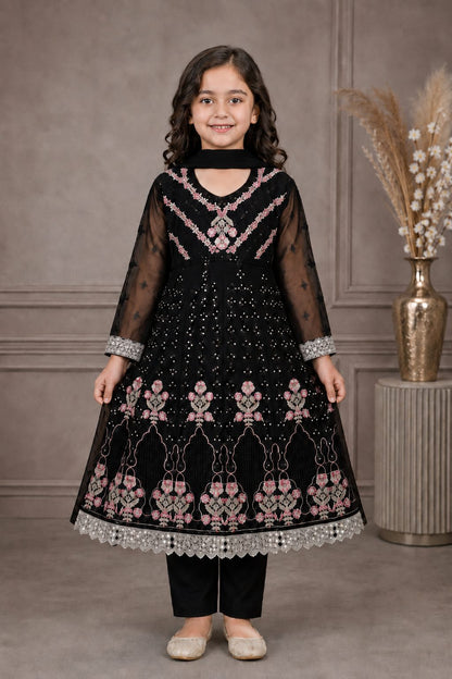 Emerald Blossom Girls Embroidered Chiffon Maxi