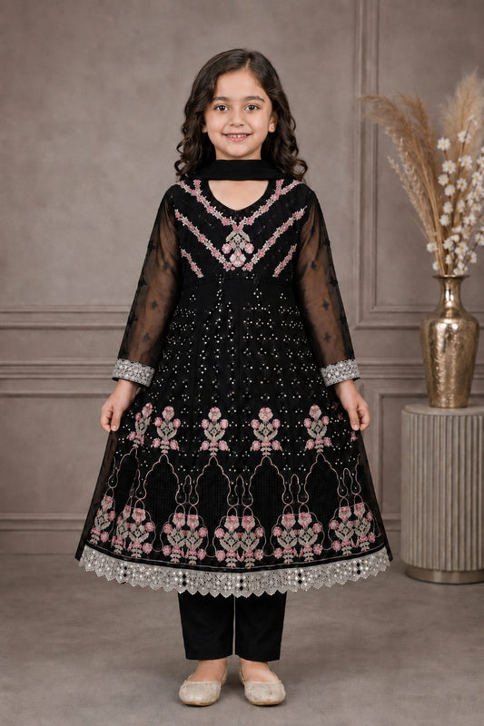 Emerald Blossom Girls Embroidered Chiffon Maxi