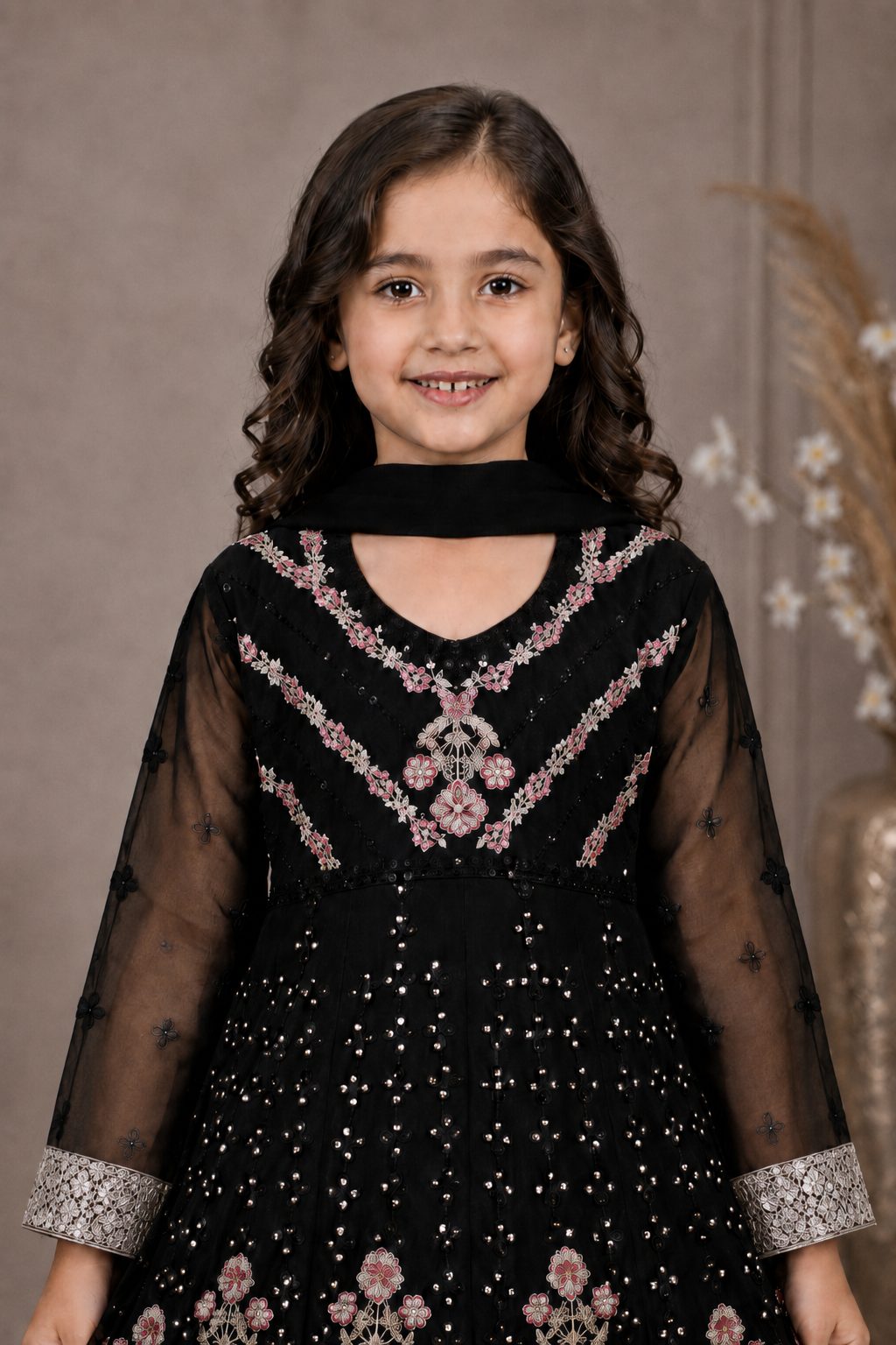 Emerald Blossom Girls Embroidered Chiffon Maxi