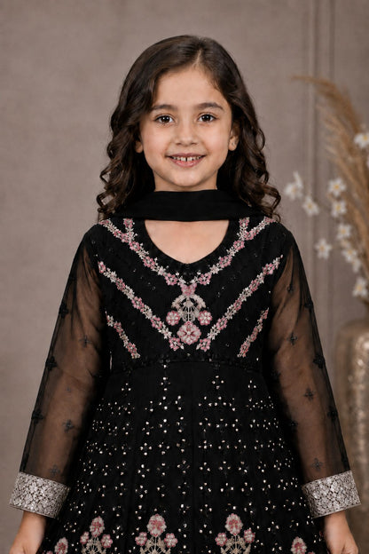 Emerald Blossom Girls Embroidered Chiffon Maxi