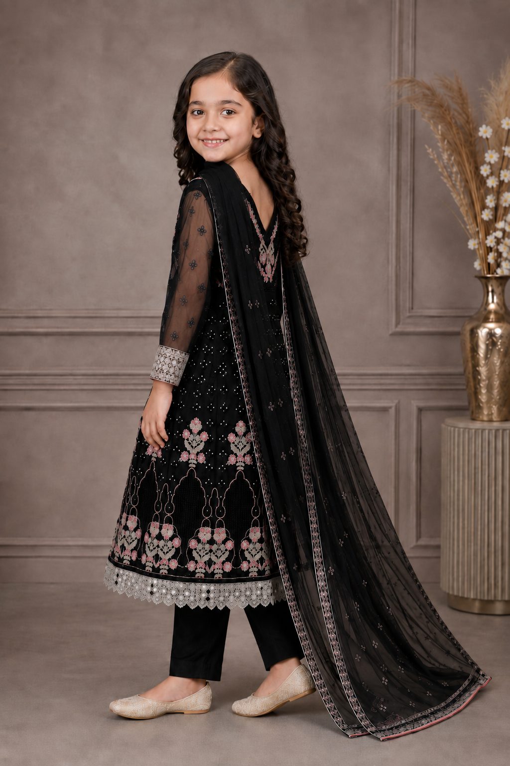 Emerald Blossom Girls Embroidered Chiffon Maxi