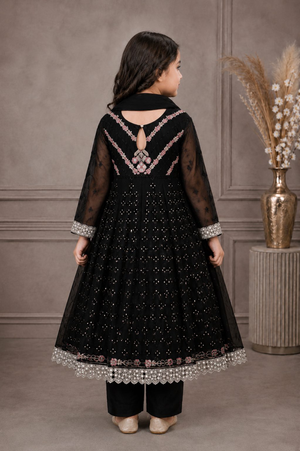 Emerald Blossom Girls Embroidered Chiffon Maxi