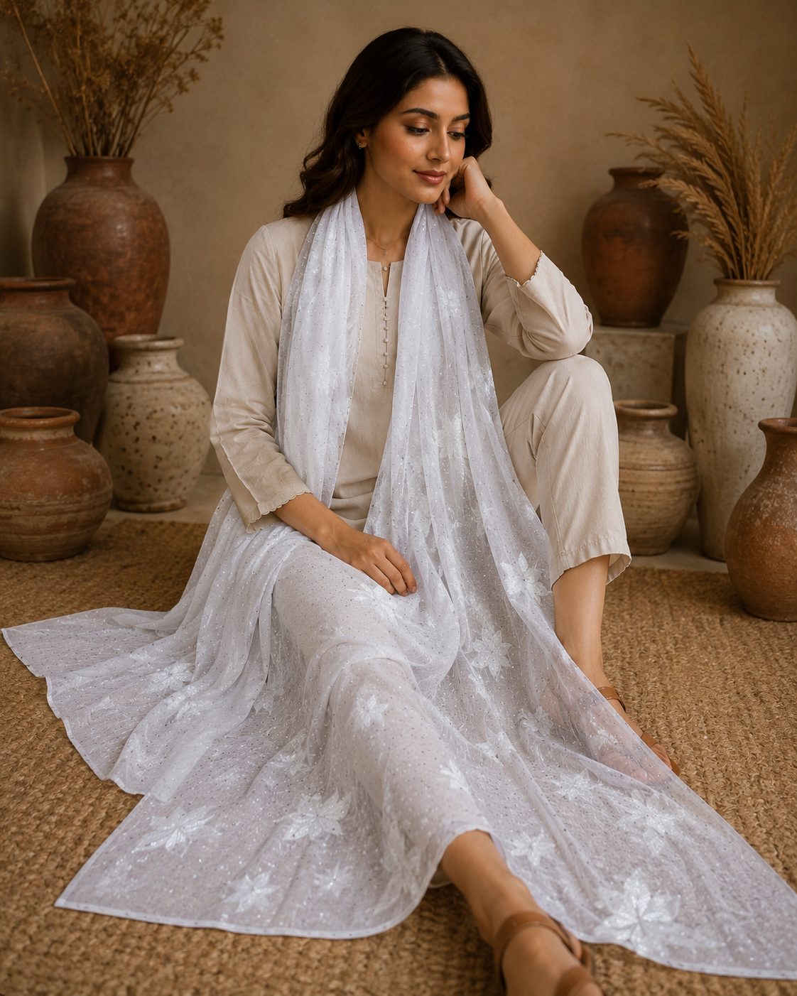 Embroidered Broshia Slub Chiffon 1-Piece Scarf