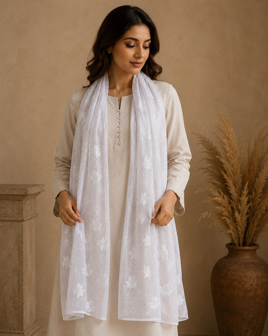 Embroidered Broshia Slub Chiffon 1-Piece Scarf