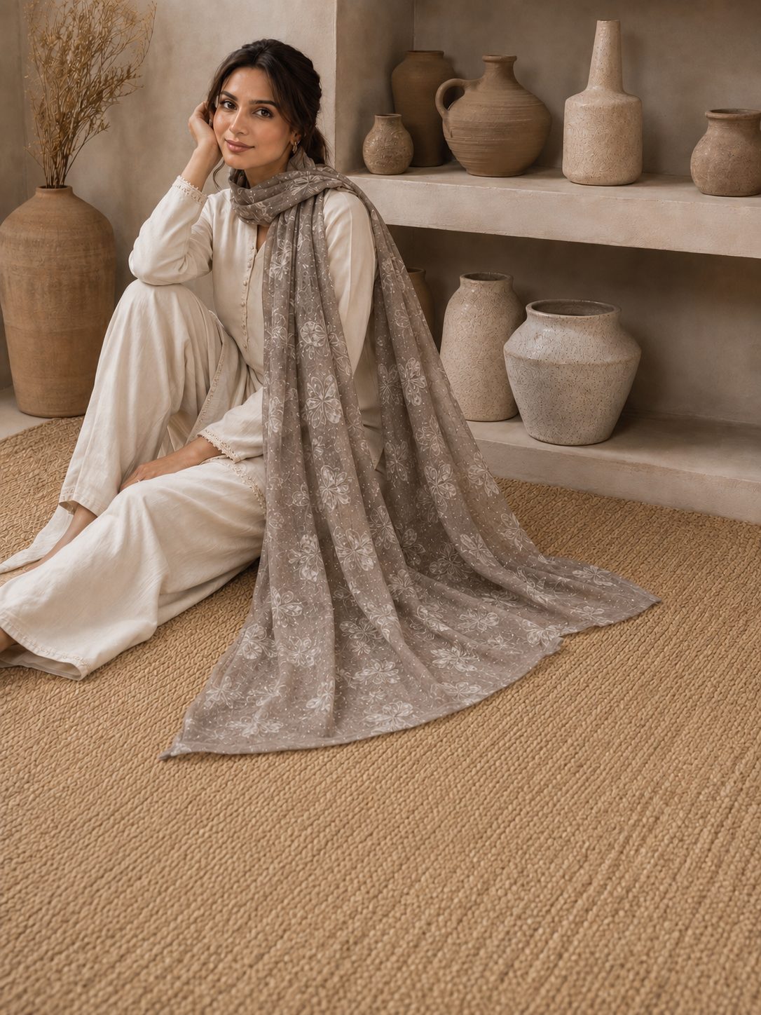 Embroidered Broshia Slub Chiffon 1-Piece Scarf