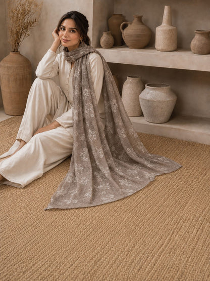 Embroidered Broshia Slub Chiffon 1-Piece Scarf