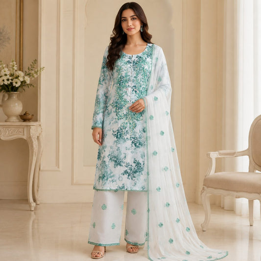 Enchanted Bloom Women Embroidered Silk Suit