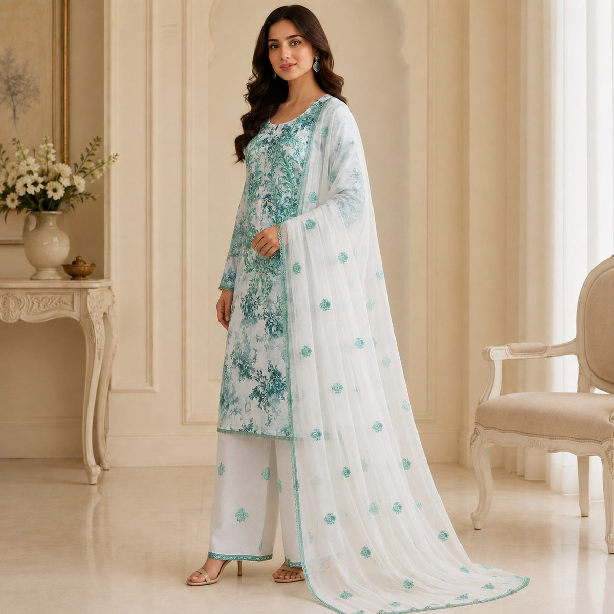 Enchanted Bloom Women Embroidered Silk Suit