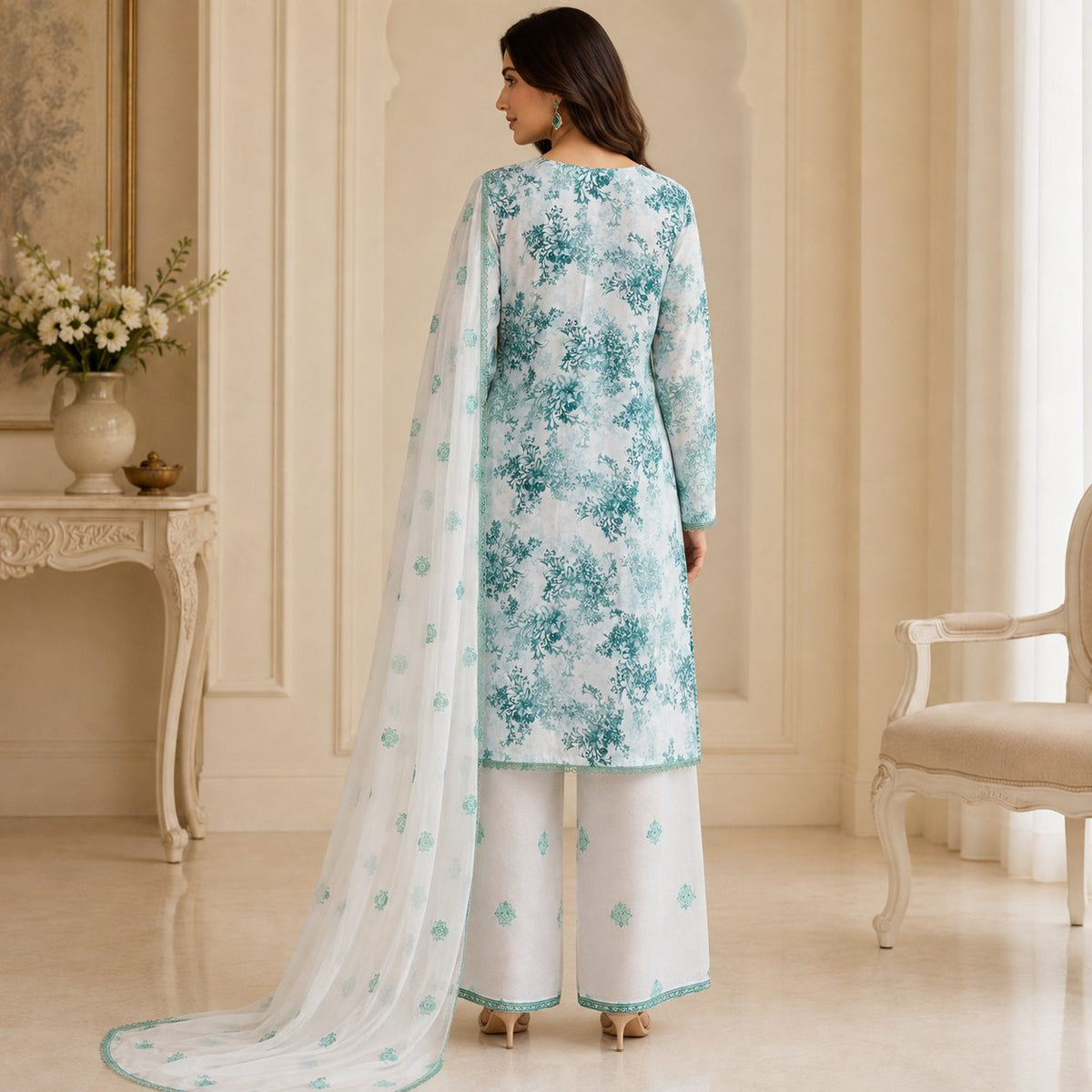 Enchanted Bloom Women Embroidered Silk Suit