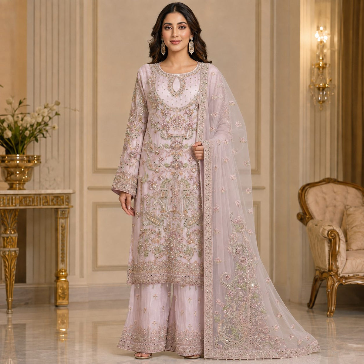 Celestial Grace Embroidered Women Chiffon Suit