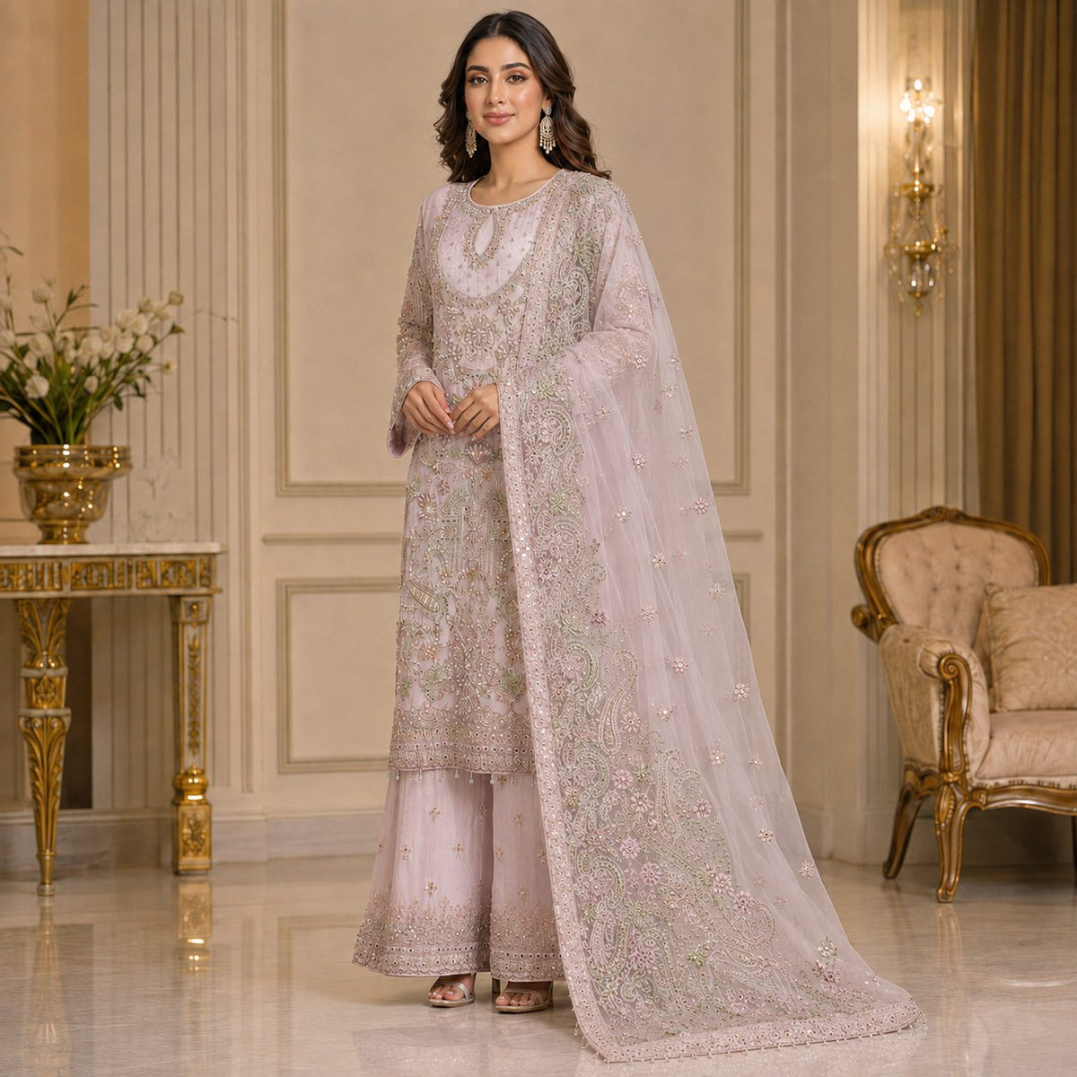 Celestial Grace Embroidered Women Chiffon Suit