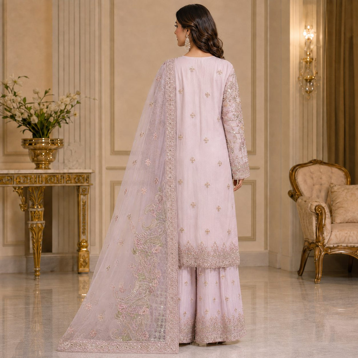Celestial Grace Embroidered Women Chiffon Suit