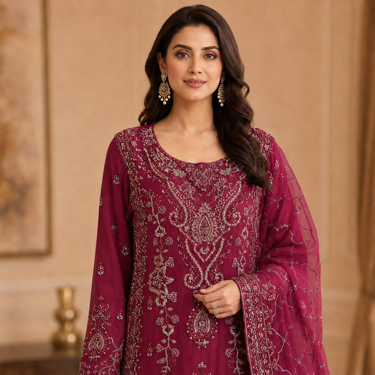 Regal Radiance Embroidered Women Chiffon Suit