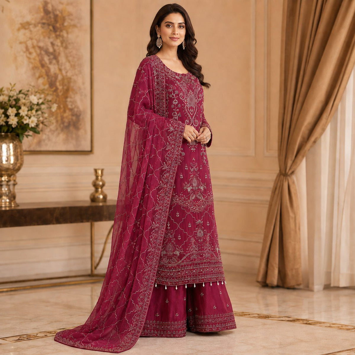 Regal Radiance Embroidered Women Chiffon Suit