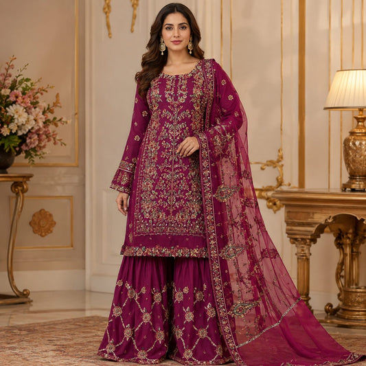 Royal Blossom Embroidered Women Chiffon Suit