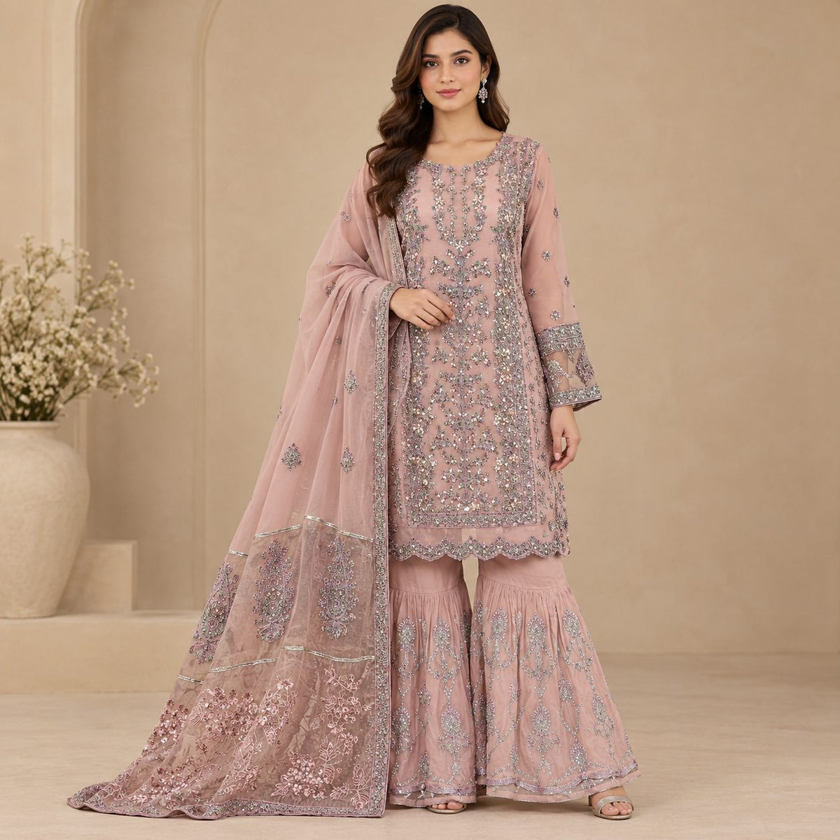 Royal Blossom Embroidered Women Chiffon Suit