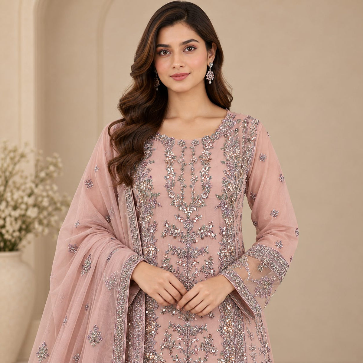 Royal Blossom Embroidered Women Chiffon Suit