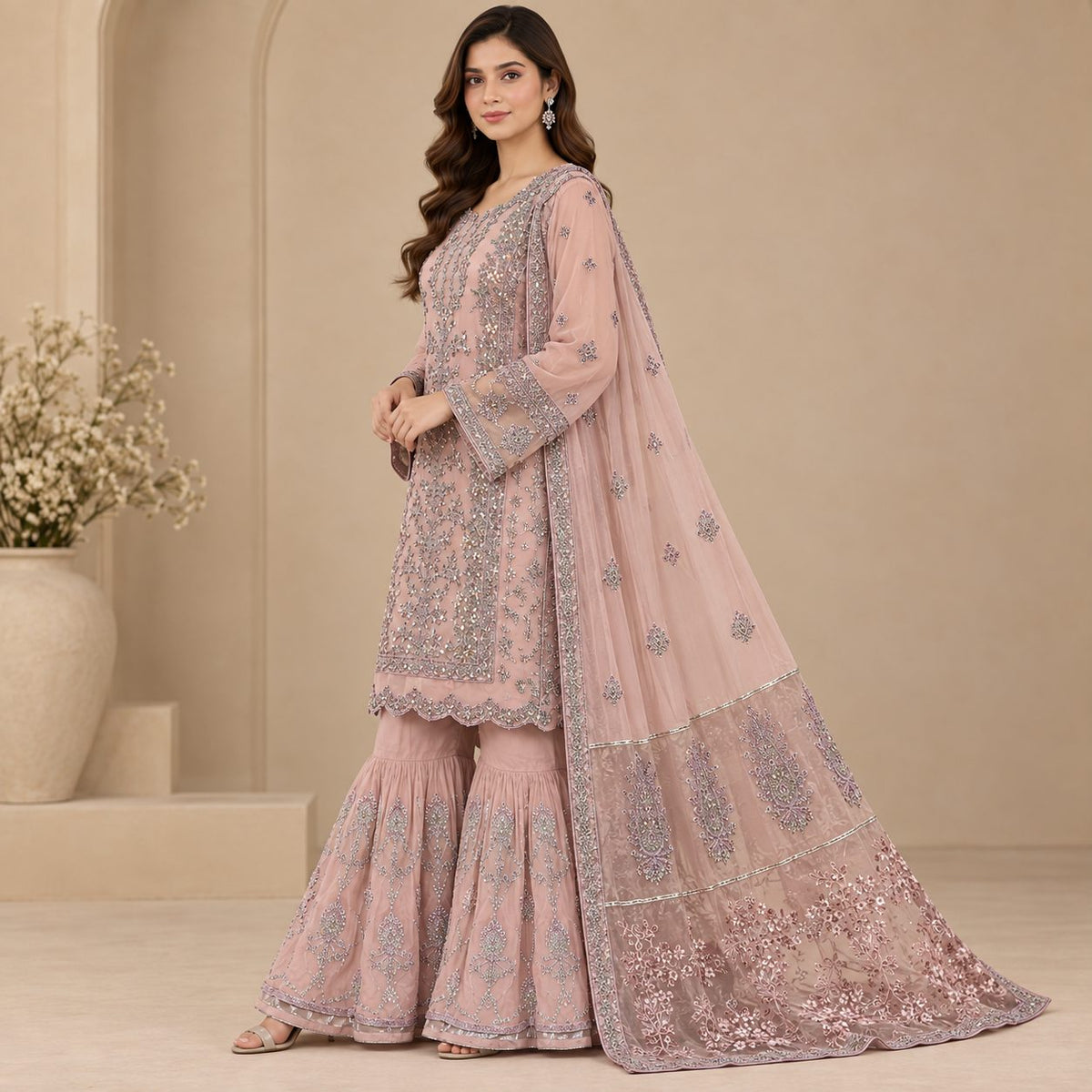 Royal Blossom Embroidered Women Chiffon Suit