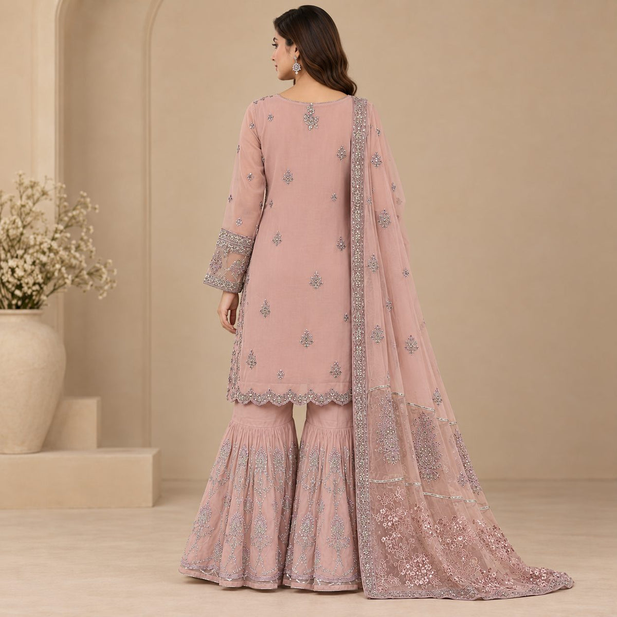 Royal Blossom Embroidered Women Chiffon Suit