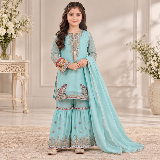 Regal Charm Embroidered Chiffon 3 Piece Girls Gharara Suit
