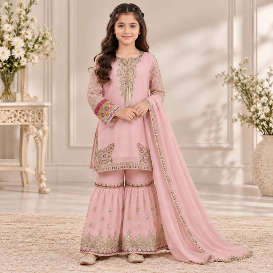 Regal Charm Embroidered Chiffon 3 Piece Girls Gharara Suit