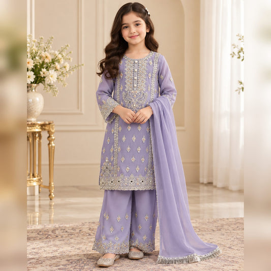 Celestial Grace Embroidered Chiffon 3 Piece Girls Suit