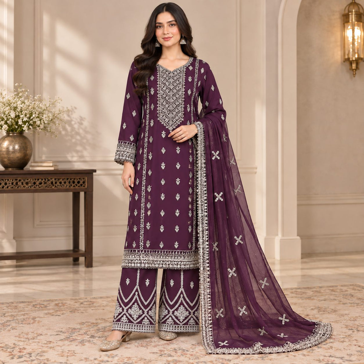 Embellished Embroidered Chiffon 3 Piece Women Suit